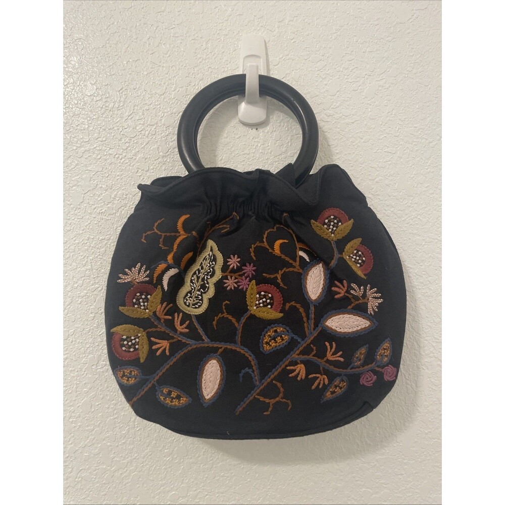 Fossil Forever 21 Black Floral Embroidered Fabric Handbag Cottagecore Purse Bag